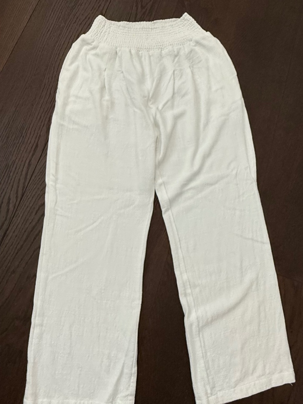 White Linen Blend Pull On Pants Smocked Waist Wide Leg Size L